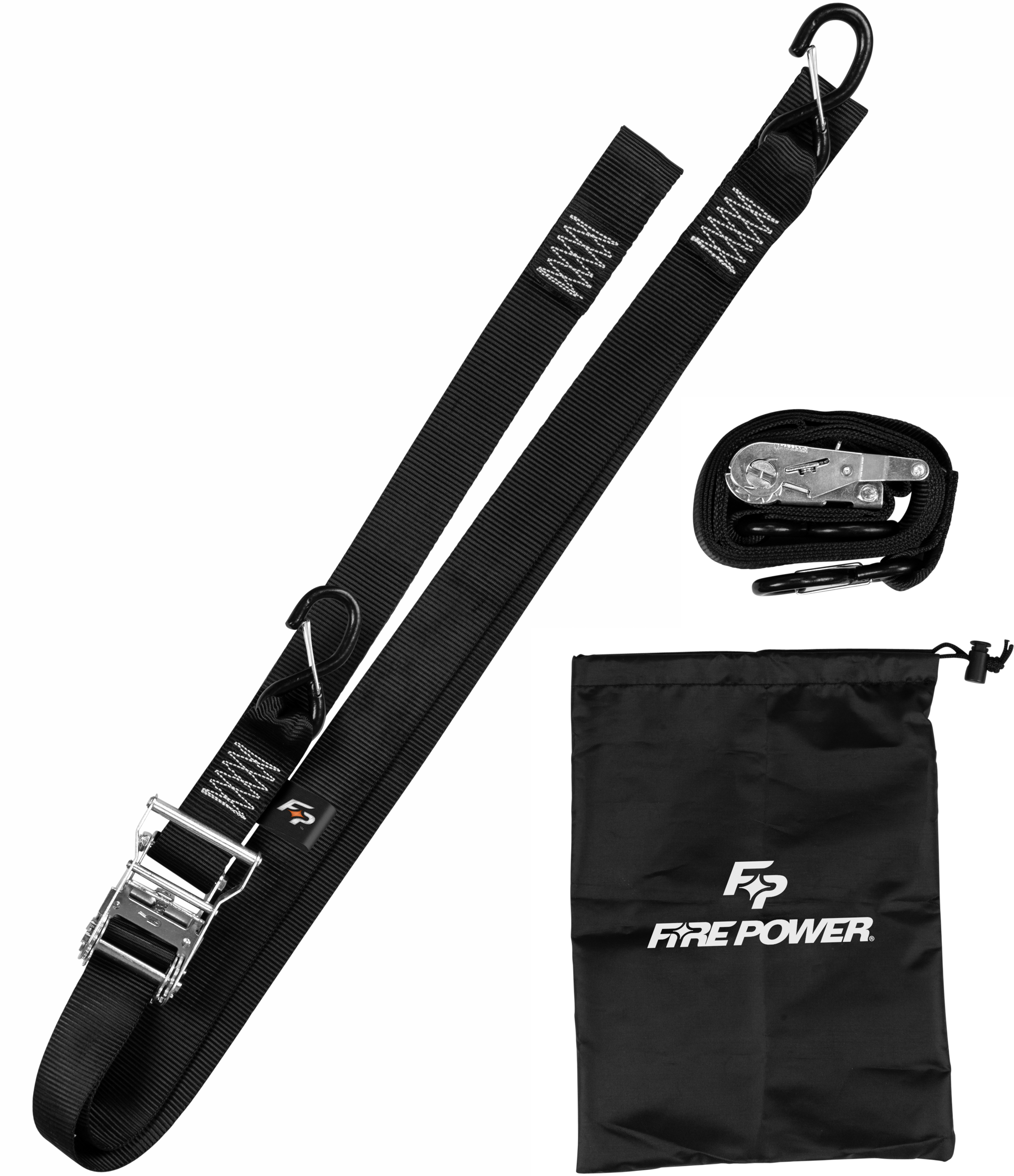 FIRE POWER 2" TIE-DOWN RATCHET W/SOFT-TIE 8' LONG BLACK 2/PK - A4